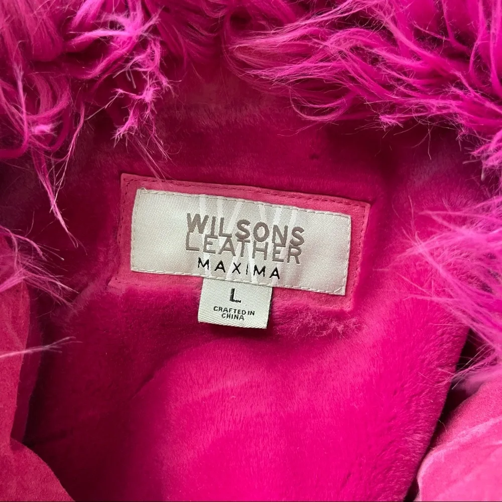 WILSONS LEATHER MAXIMA 90s PINK LEATHER W/ FAUX FUR TRIM COAT - Picture 12 of 14